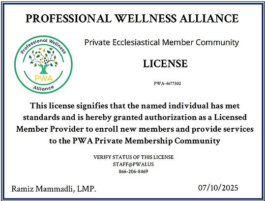 Ramiz Mammadli's Professional Wellness Alliance credential