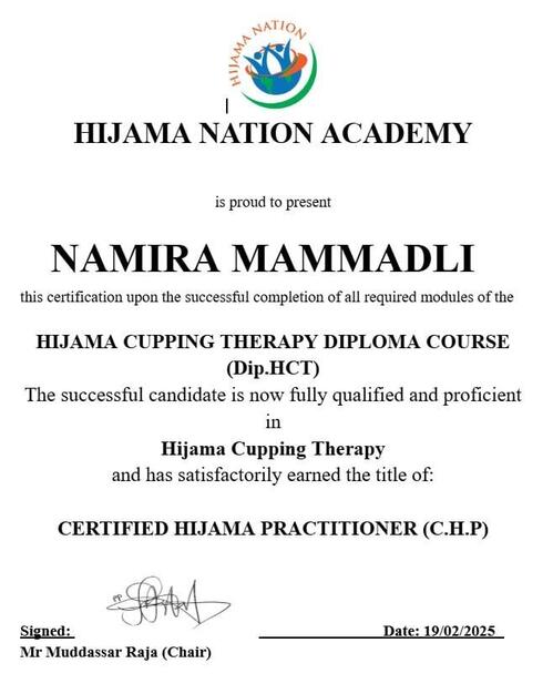 Namira Mammadli's Certified Hijama Practitioner diploma from Hijama Nation Academy