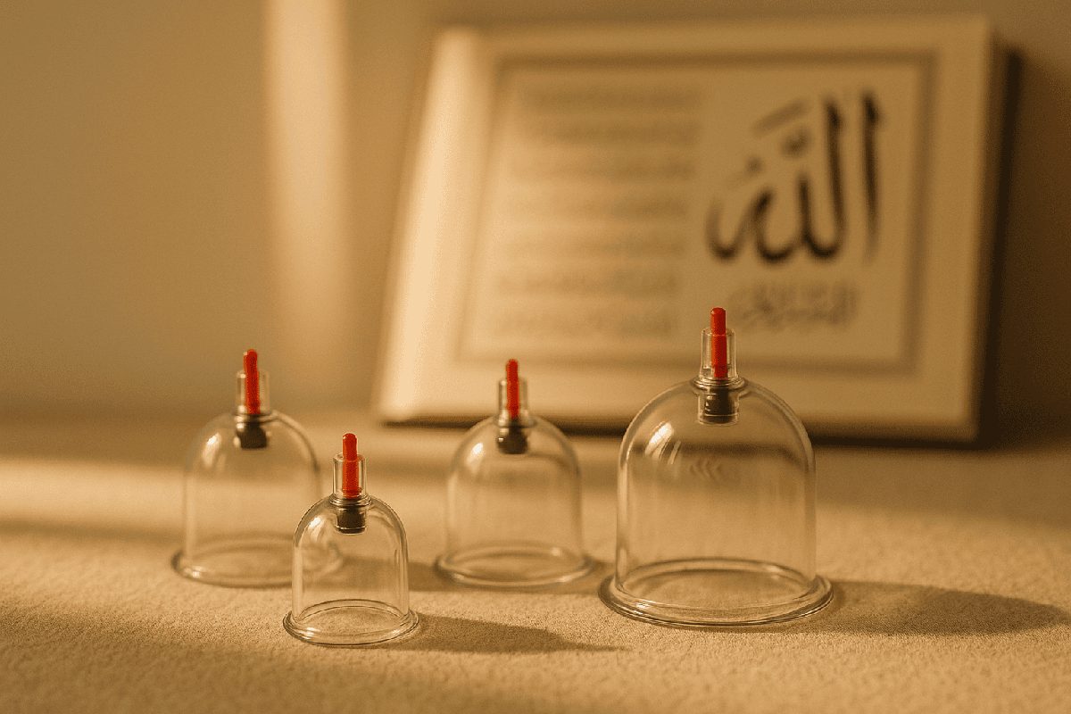A set of dry hijama cupping glasses resting on a soft cloth