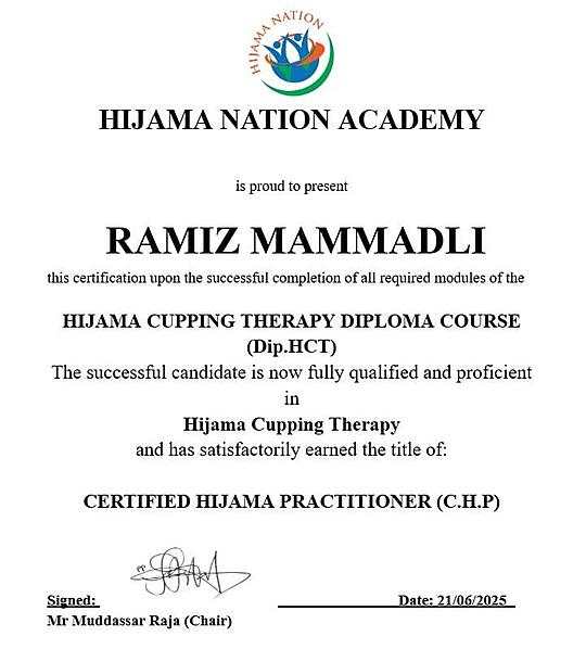 Ramiz Mammadli's Certified Hijama Practitioner diploma from Hijama Nation Academy